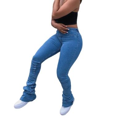 China 2021 New Fashionable Women's Jeans High Waist Solid Color Denim Pile Tight Casual Pants for sale