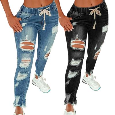 China 2021 New Fashion Women's Denim Pants Breathable Skinny Light Blue Denim Pants Ripped Distressed Women Jeans for sale