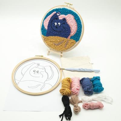 China Cat Punch Needle Embroidery DIY Kit Wooden Convenient Extending Circle for sale