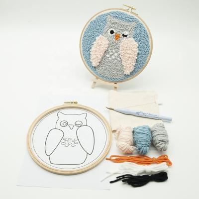 China Convenient circle of Owl Punch Needle Embroidery DIY Kit Round Wooden for sale