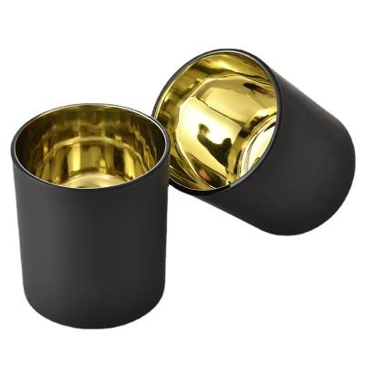 China Hot Selling 10 Ounce Home Decor Gold Plating Inner Matte Black Glass Candle Jars With Metal Bamboo Wood Lid Custom for sale