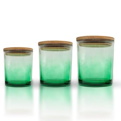 China Gift & Green Color 7oz 10oz 14oz Craft Colorful Gradient Round Frosted Empty Glass Candle Jars With Metal Lids Logo Bamboo Wood Custom for sale