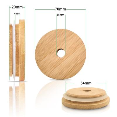 China Non-Refillable Eco-Friendly Bamboo Wooden Cover Beverage Cup Canning Lids Mason Jar Lids 70mm 86mm Storage With Straw Hole for sale