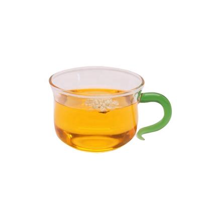 China Home viable to order Clear High Borosilicate Glass Small Tea Cups with Green Handles for Home for sale