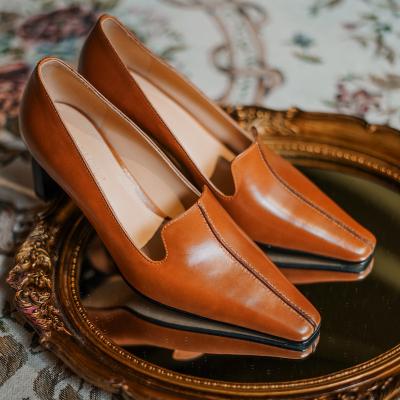 China Ladies High Heels Anti-slippery Hot Selling Elegant Leather Thick Heel Women's Retro Shoes for sale