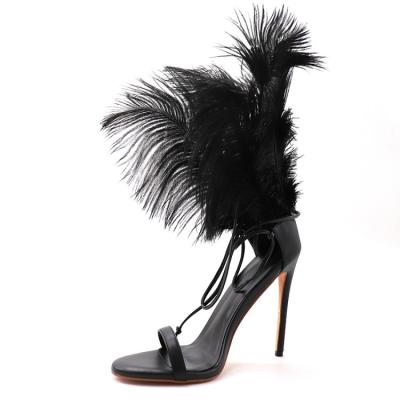 China Newest Design Sexy Anti-slippery Plus Size Ostrich Feather Ankle Strap 12cm High Heels Sandals For Women for sale