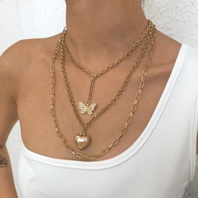 China New Trendy Rhinestone Heart Fashion Gold Plated Alloy Bling Woman Butterfly Cuban Chain Necklace for sale