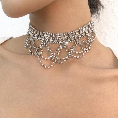 China FASHIONABLE Luxury Rhinestone Shiny Gold Layered Diamond Choker Necklace Statement Tennis Clavicle Chain For Dinner Wedding Party for sale