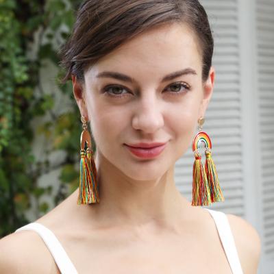 China 2021 New Arrival BOHEMIA Fashion Cotton Yarn Rainbow Figure Dangle Tassel Earrings For Women Jewelry Statement Colorful Drop Earrings for sale