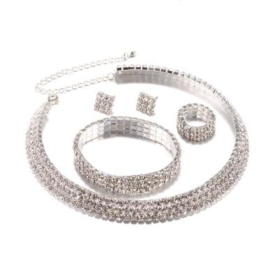 China TRENDY Wedding Jewelry Set Women Rhinestone Bridal Choker Necklaces Round Rings Bracelets With Square Diamond Stud Earrings for sale