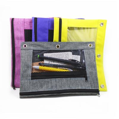 China Schools & Manufacturer Stationery Bags 3-Ring Mesh Window Pencil Pouch Zipper Office Bags for sale