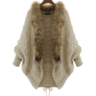 China New Fashion Women Style Fur Collar Long Sleeve Knitted Cardigan Shawl Coat Winter Sweater for sale