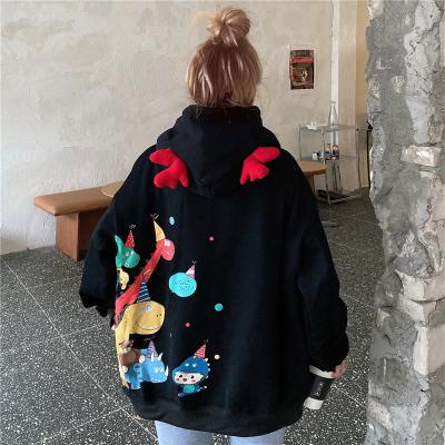 China Cute Pink Dragon Hooded Velvet Anti-pilling Kawaii Dinosaur Anime Hoodies Women Sweatshirts Black Oversize Korean Fashion Harajuku Y2k for sale