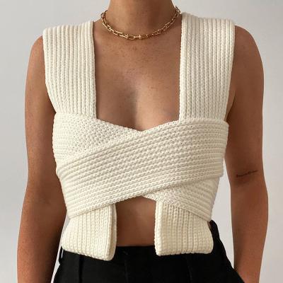 China Anti-pilling New Streetwear Sweated Designer Women Knit Tops 2021Hot Sale Stylish Crisscross Products for sale