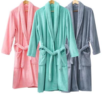 China Lady 100% Custom Thermal Polyester Hotel Robe Women's Flannel Fleece Bathrobe Loungewear Sleep Solid Long Gown Winter Robe for sale