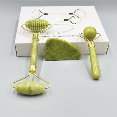 China Face Healthcare Massage Roller Jade Roller Gua Sha Set Green Xiuyan Muscle Relaxing for sale