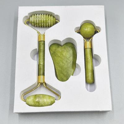 China Skin Facial Care Green Xiuyan Stone Anti Aging Jade Roller Set Gua Sha Set Double Head for sale