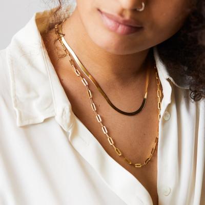 China Environmental Friendly Hiphop 14k Gold Plated Snake Chain Necklace Set Women Double Layer Paperclip Link Chain Stainless Steel Layered Necklace for sale