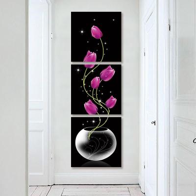 China Modern 3 Panel Version Vertical Vase with Rose Wall Art Painting Red Tulip Flowers Elegant Canvas Painting for sale