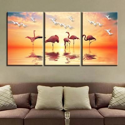 China Home Modern Canvas Decor Frame HD Painting Print Pictures Flamingos and Seagull Sunset Seascape Poster 3 Pieces Living Room Wall AR for sale