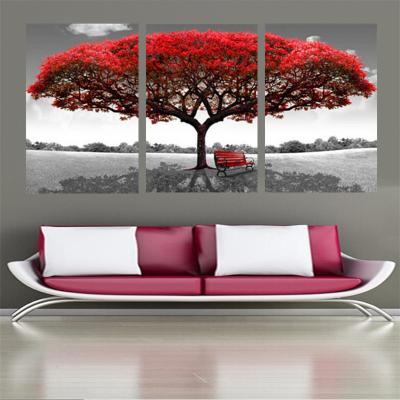 China Modern Wall Art Canvas Picture Frame Red Tree Painting Printing Modern Modular Home Decoration 3 Panel Type For Living Room for sale