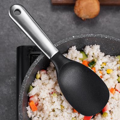 China Viable Wholesale Hot Sale Home Kitchen Stainless Steel Large Rice Spoon With Long Silicone Handle for sale