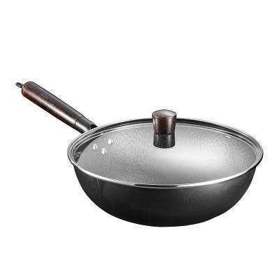 China High quality durable Japanese style 30cm non-stick kitchen non-coated frying pan with wooden lid handle for sale