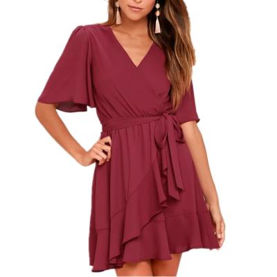 China Custom Dress Women Fashion Tank Top Burgundy V-neck Wrap Ruffle Dress Anti-Static for sale