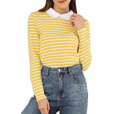 China Breathable Hot Selling Women's Long Sleeves Peter Pan Contrast Striped Blouse Top for sale