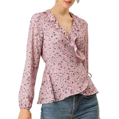 China Factory direct anti-pilling women's floral print tie waist blouse ruffle neck vintage chiffon wrap tops for sale