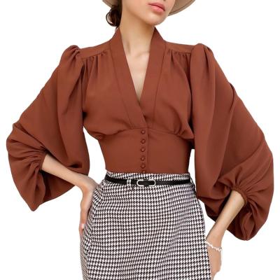 China Anti-pilling Autumn Winter Lantern Sleeve Womens Full Breasted Shirt Vintage Draped V-Neckline Female Elegant Blouses for sale