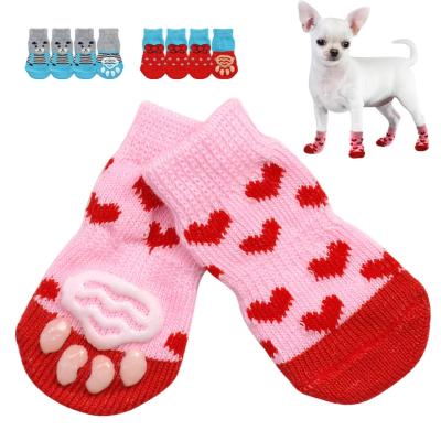 China Viable Warm 4pcs/Set Puppy Knit Socks Pet Cute Cartoon Cat Socks Indoor Slip On Anti-slip Paw Protector for sale