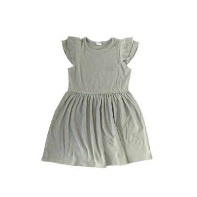 China Anti-wrinkle OEM Wholesale kids Dark gray dresses Falbala Sleeve dress Ruffles Rib knitted Girl Dresses for sale