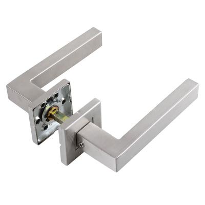 China Modern Satin Stainless Steel Square Tube Brushed Finish Entry Square Rosette Lever Door Handle Lock Interior Lever Door for sale