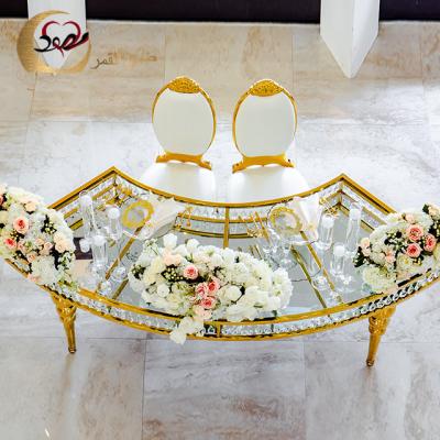 China Half Moon Gold Stainless Steel Base C Shape Crystal Wedding Side Dining Table for sale