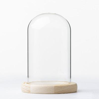 China Europe Borosilicate Glass Cloche With Original Wooden Base Clear Glass Dome With Low Domewithbase for sale