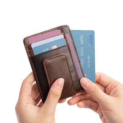 China Business.office.gift Ultra Thin Business Minimalist Genuine Leather Wallet RFID Blocking Magnetic Pocket Money Clip Credit ID Card Holder for sale