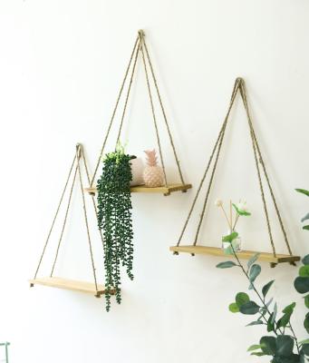 China Mayco Storage 3 Set of Floating Shelf, Rustic Jute Rope Swing Display Vintage Wall Hanging Wooden Shelves for sale