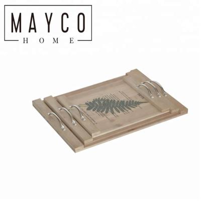 China Mayco Home Kitchen 3 Piece Serving Tray Set Rectangular Hand Painted Wood Tray with Metal Handles for sale