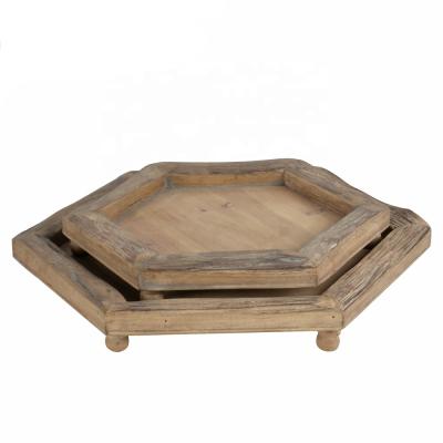 China Mayco Vintage Home Kitchen Serving Wooden Tray Hexagon Shape Wood 2 Piece Tray Set for sale