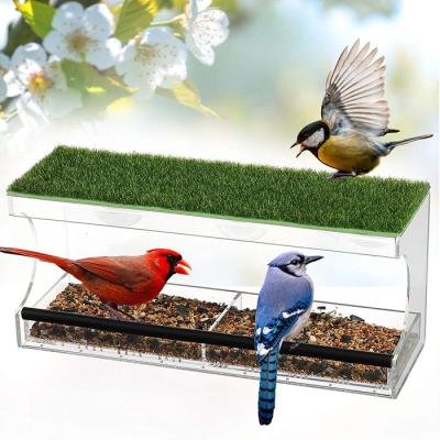 China Viable Window Bird Feeders, Large Bird House, Clear Acrylic Bird Feeders With Artificial Grass Bird Feeder for sale