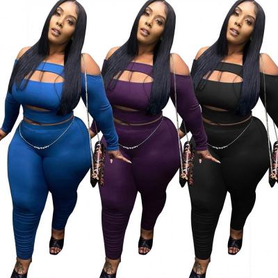 China Viable Trending Products 2022 New Arrivals Women Casual Knitted Plus Size Hollow Out Clothing Long Sleeve Tops And Pants Two Piece Set for sale