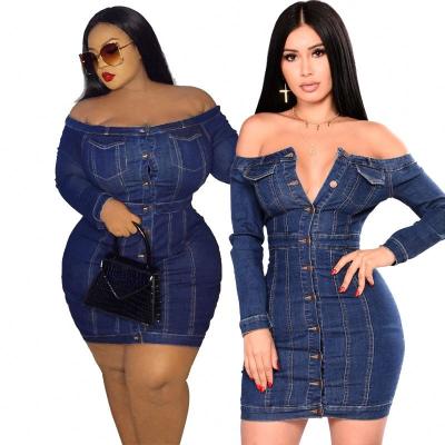 China Wholesale Plus Size Jeans Sheath Long Shirt Denim Plus Size Off Shoulder Dress Women Dresses for sale