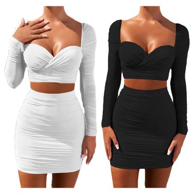 China High Quality QUICK DRY Women's Club Wear Sexy V-Neck Bottom Cut Out Long Sleeve Crop Hip Skirt Top Pleated Two Piece Set for sale