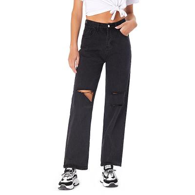 China 2022 Women's Jeans QUICK DRY High Waist Black Straight Leg Pants Slim Wide Leg Hollow Ripped Loose Pants Ladies Jeans for sale