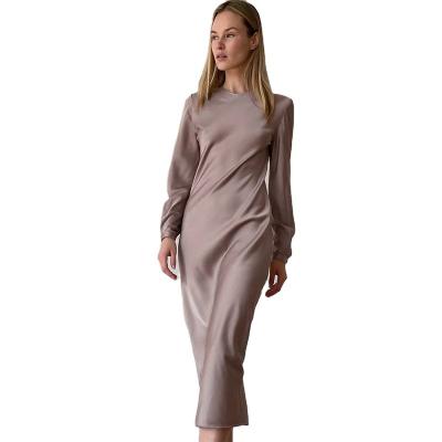 China Dry Cleaning 2022 New Design Autumn Silk Basic Round Neck Long Sleeve Midi Casual Dress Vestidos Elegante For Women for sale