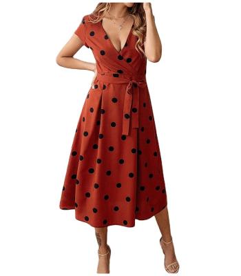 China Dry Cleaning Women Summer Dress Short Sleeve Polka Dot Print A Line Casual Dress Bandage Sexy V Neck Long Dress for sale