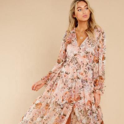 China Deep V-Neck Summer Fashion Floral Print Dry Cleaning Women Dress Maxi Chiffon Beach Ladies Bohemian Dresses Casual Dress Elegant for sale