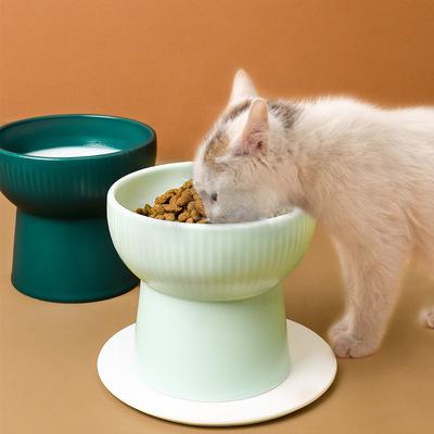 China Wholesale Art Cat Food Bowl Stripe Nordic Viable Ceramic Pet Bowl Foot High Neck Protection Around Wide Mouth Cat Bowl for sale