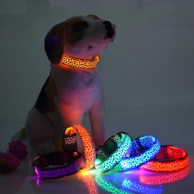 China Leopard LED Dog Collar Reflective Luminous Adjustable Glowing Collar For Dogs Pet Night Safety LED Nylon Luminous Dog Collar for sale